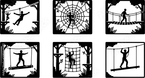 Rope adventure park icon set in a flat silhouette style including zipline, spider web climb, suspension bridge, balance log, net climb and tightrope.