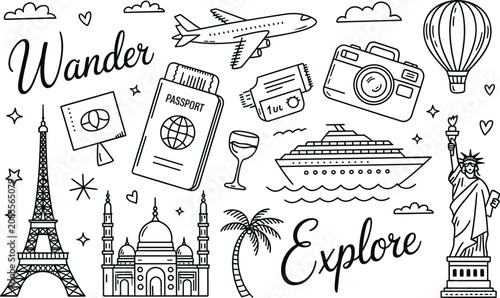 Minimalist hand-drawn travel doodle icons on white background featuring landmarks and vacation elements for adventure planning.