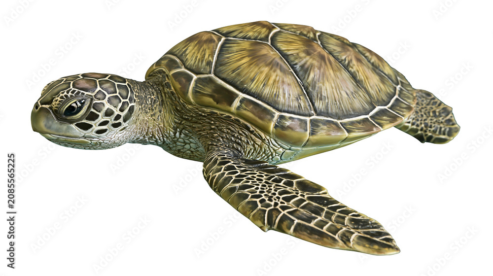 Obraz premium Green sea turtle swimming with detailed shell pattern