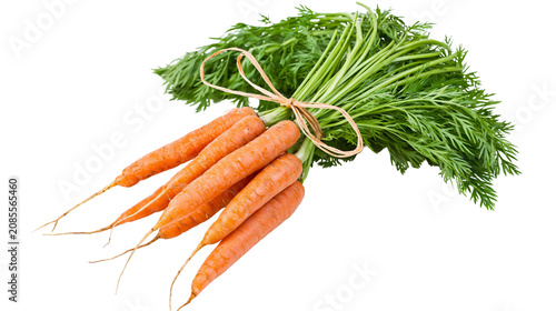 Foto Bunch of fresh orange carrots with green leafy tops tied with twine