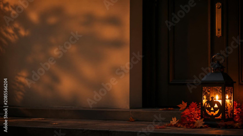 Cozy Halloween Lantern with Pumpkin Silhouette on Doorstep Surrounded by Autumn Leaves at Dusk