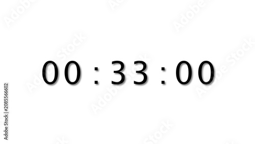 Foto Digital clock display counting up to thirty three minutes exactly on plain white backdrop