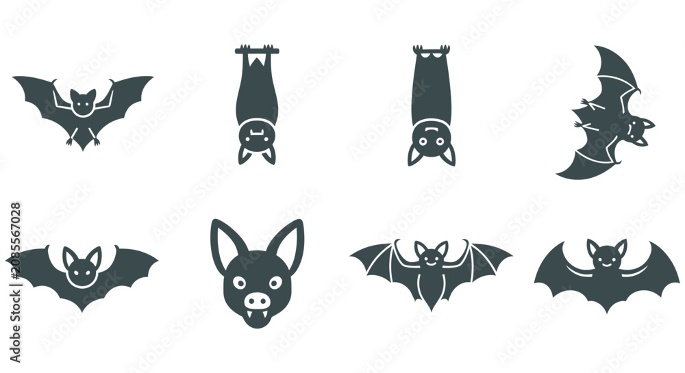 Fototapeta premium Bat Silhouettes Collection Black Vector Icons On White Background bats
