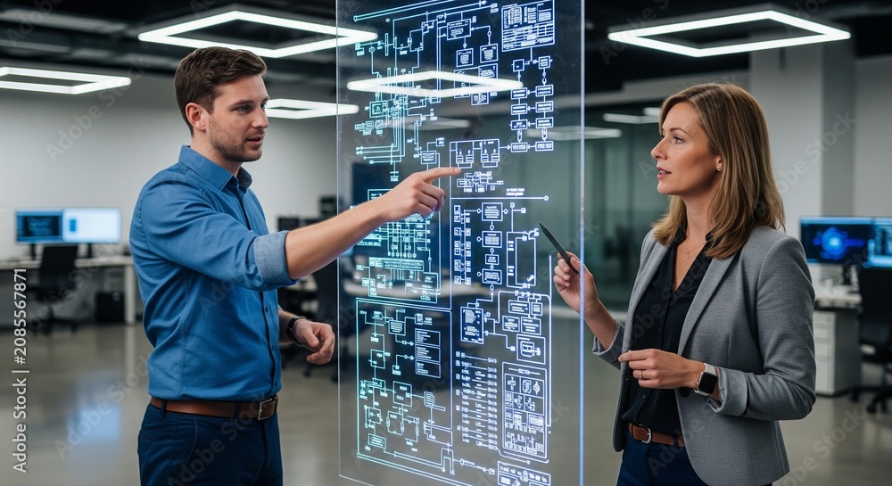 Fototapeta premium A man and a woman in an office are looking at a transparent glass screen with glowing white blueprints and technical schemes. The man is pointing his finger at the glass