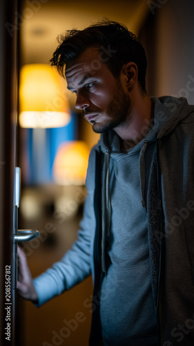 Cautious Man Opening Door After Hearing a Suspicious Noise at Night
