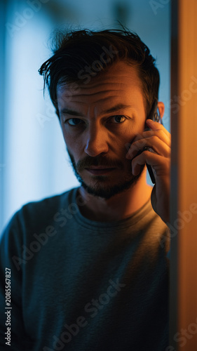 Concerned Man Receiving Mysterious Phone Call at Apartment Door at Night