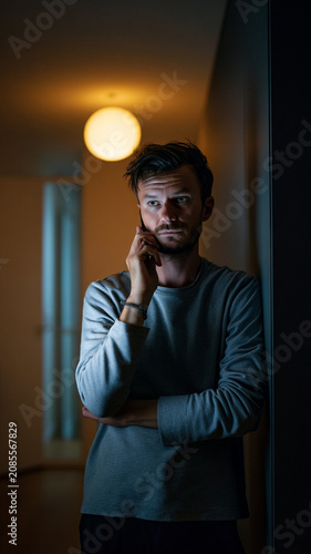 Worried Man Talking on Smartphone in Apartment Hallway at Night