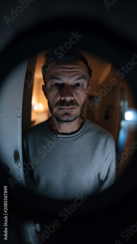 Man Looking Through Peephole with Suspicious Expression at Night