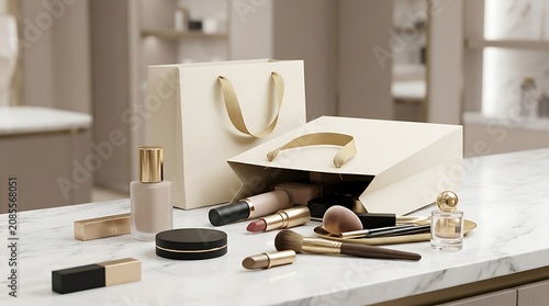Collection of luxury makeup products and perfume bottles on a table with a shopping bag. high-end makeup sale