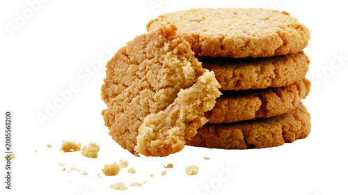 Stack of round golden brown butter cookies with crumbs
