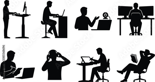 Set of black and white silhouette icons depicting various modern remote work and office computer activities
