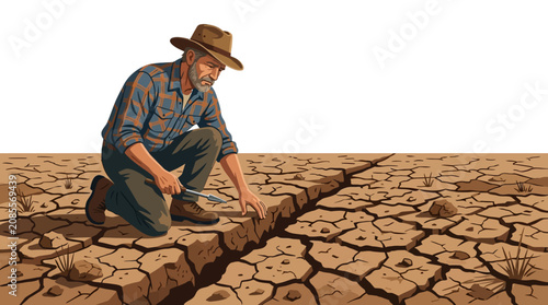Foto Farmer Inspecting Cracked Dry Soil During Severe Drought