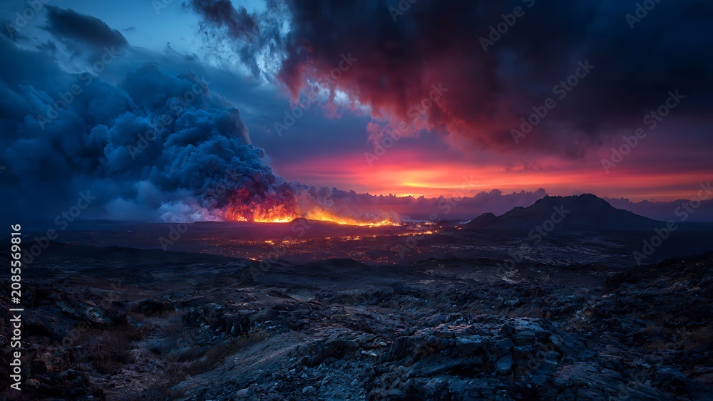 Fototapeta premium Dramatic volcanic eruption landscape at sunset with glowing lava.