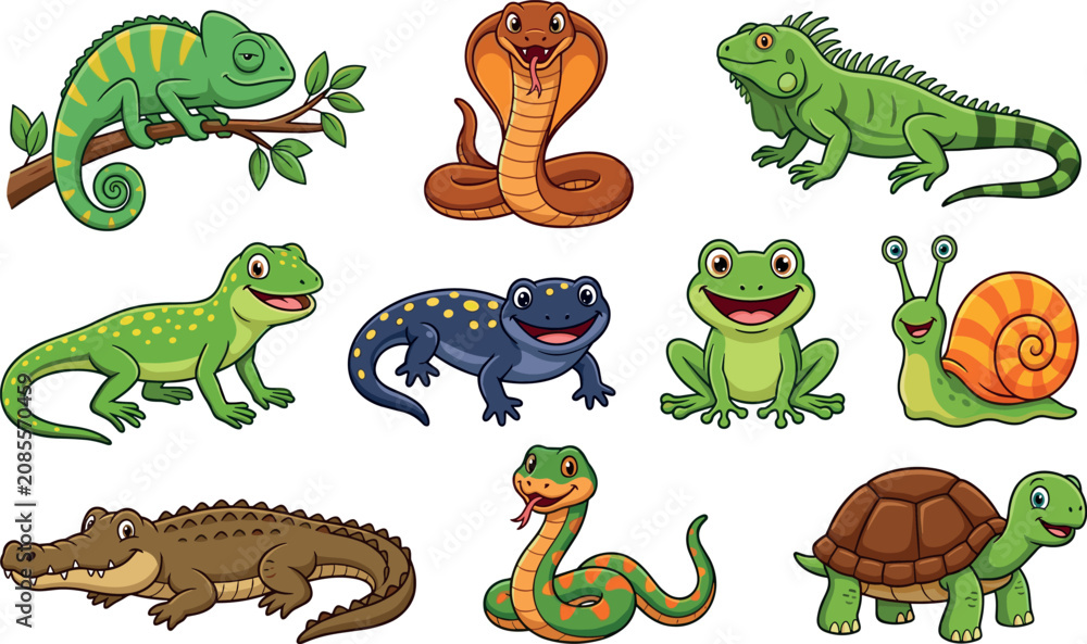 Fototapeta premium Cartoon Reptiles and Amphibians Vector Character Set Featuring Cute Chameleon, Snake, Iguana, Lizard, Frog, Crocodile, Turtle, Snail, and Salamander Illustrations