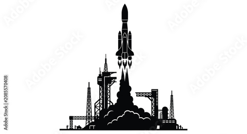 Tableau sur toile Rocket Launch Silhouette Against White Background Space Exploration Illustration