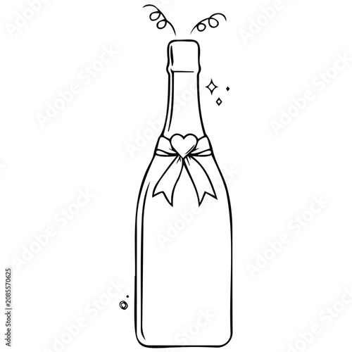 Konstfotografi Bottle of champagne with decorative heart ribbon and party streamers vector line art style