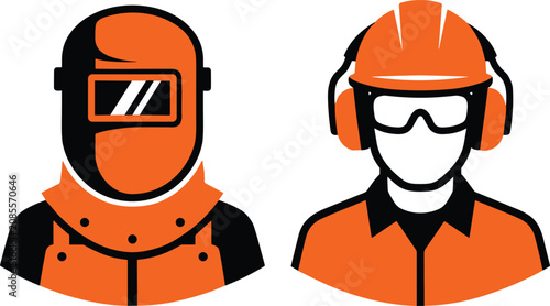 Industrial Construction Worker Personal Protective Equipment Icon Set with Welder Mask Hard Hat Goggles and Earmuffs Symbols for Safety Warning Labels