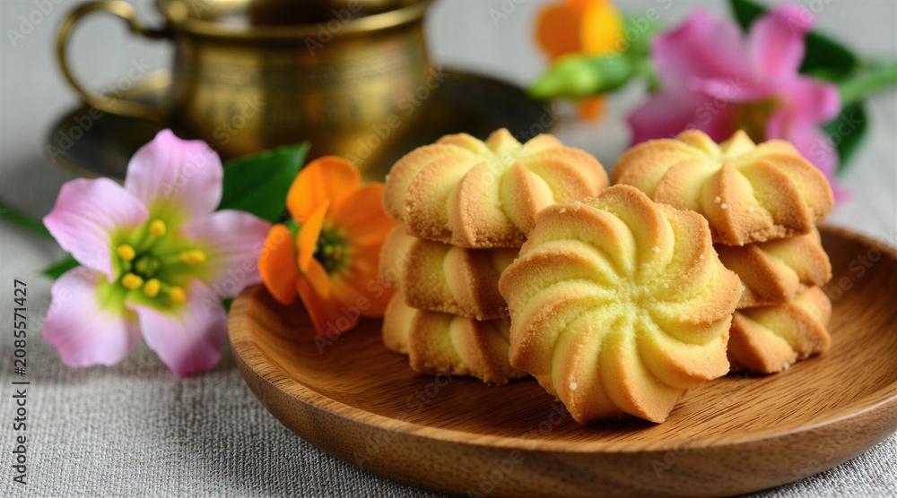 Fototapeta premium Sweet butter cookies stacked on a wood plate with pink and orange flowers. A bronze cup of tea is in background. Enjoy a tasty treat with a warm drink.