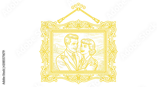 Quadro su tela Vintage Couple Portrait in Ornate Gold Frame, Retro Romance Illustration