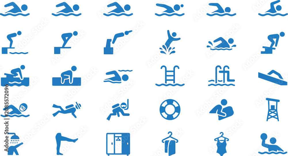 Fototapeta premium Swimming and pool activity icons set featuring various water sports poses and equipment in blue vector style