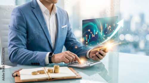 Professional Businessman Analyzing Financial Market Growth Trends Using Digital Technology for Strategic Investment Planning