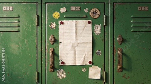 Vintage green school lockers with a blank lined paper sheet template pinned on the door