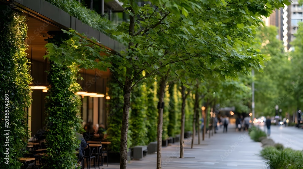 Fototapeta premium A tree lined urban walkway beside a building covered in lush greenery and outdoor seating under warm lighting