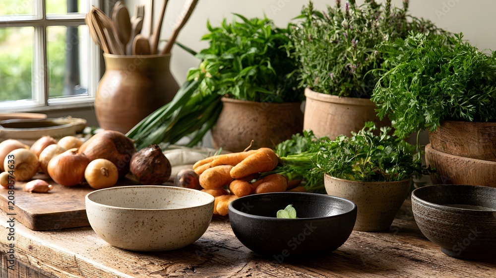 Fototapeta premium Fresh vegetables and herbs arranged on a wooden table with ceramic bowls under natural daylight