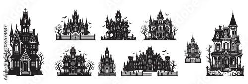 Halloween Elements Set, Haunted House Silhouette Elements Set