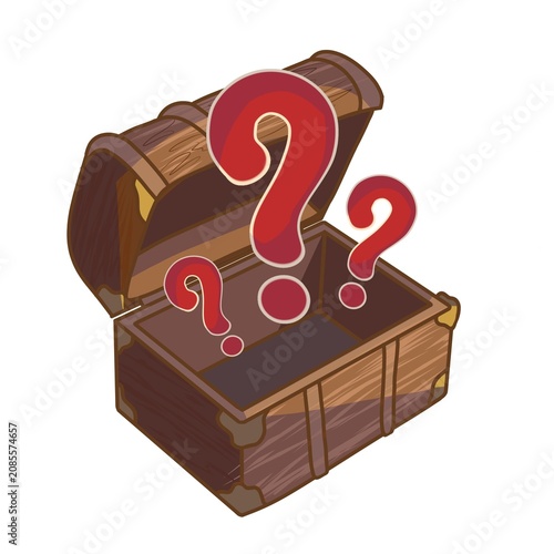 Open Wooden Treasure Chest with Floating Red Question Marks Cartoon Vector Illustration. Symbolizing questions, hidden secrets, curiosity, and mystery.