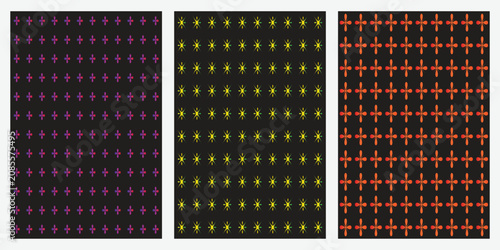 Minimal abstract geometric floral cross seamless pattern with purple gradient elements on black background