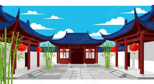 Canvastavla Traditional Chinese Architecture Vector Illustration Featuring a Courtyard Desig