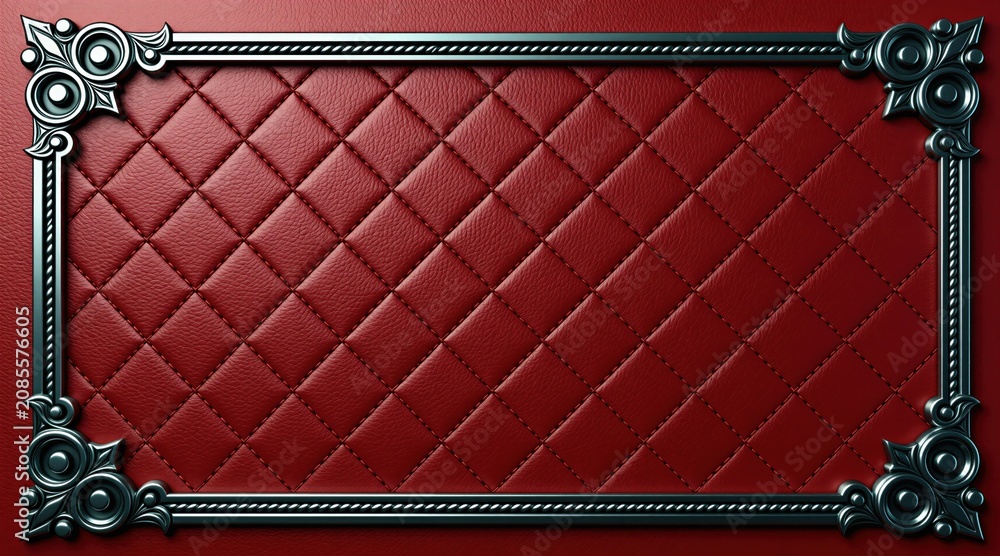 Fototapeta premium Red quilted leather background with decorative metal corners and border. Ornate surface with stitched diamond pattern offers luxury feel. Elegant backdrop for design projects.