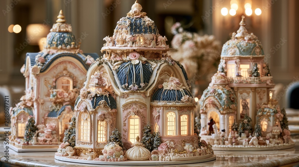 Obraz premium Festive centerpiece artisan patisserie handcrafted icing celebration excellence joyful moments focus on gourmet experience theme whimsical Blend mode elegant dining room backdrop.