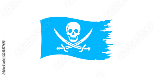 Canvastavla Blue pirate flag with black jolly roger skull and crossed swords isolated on tra