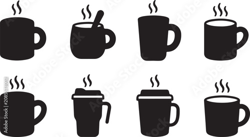Fotografía Eight black coffee cup icons with steam in different styles Vector