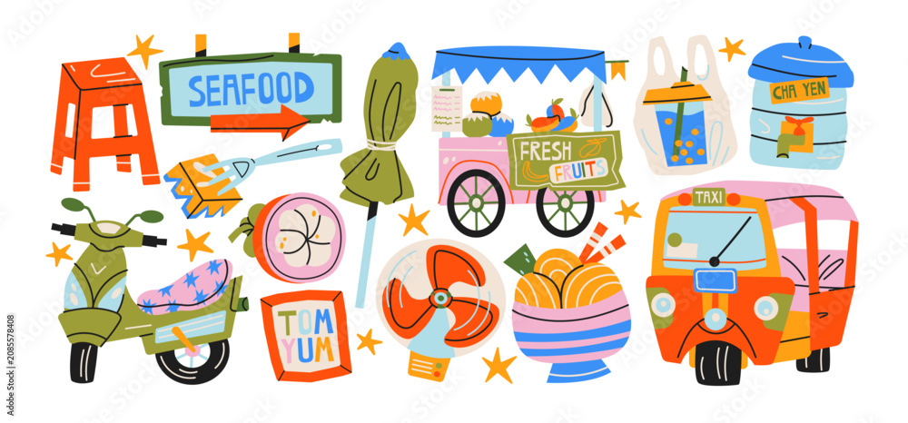 Fototapeta premium Asian street food stickers with tuk tuk, scooter, night market, seafood, tom yum, street vendor and tropical market doodles, retro cartoon travel icons for tourism, food blogs and vacation branding