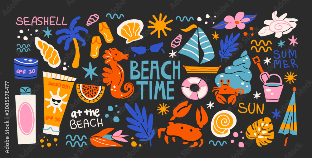 Fototapeta premium Beach summer vacation stickers with seaside leisure and holiday activity elements including palm trees, seashells, cocktails and surf items, ocean rest symbols and tropical travel vibes for summer