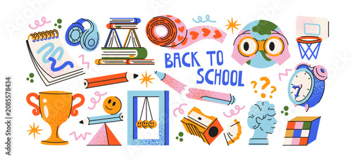 Back to school doodle stickers, retro cartoon school supplies, groovy 90s education elements with classroom stationery, learning accessories, study icons, student essentials and creative objects