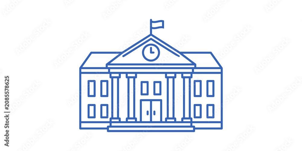 Fototapeta premium Blue line art icon of a classic government building school or university with columns and a clock isolated on transparent background