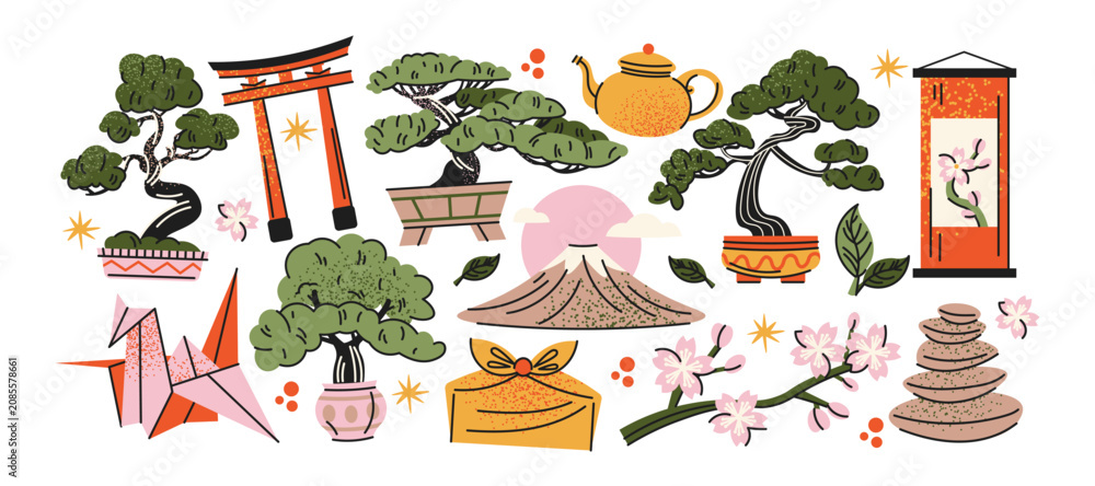 Obraz premium Japanese culture stickers with bonsai trees, torii gate, mount fuji, cherry blossom and tea ceremony, traditional zen garden elements, asian travel inspiration, oriental harmony and mindfulness