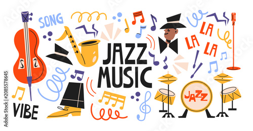 Принти на полотні Jazz music stickers with saxophone, double bass, drums, microphone and musical i
