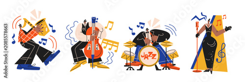 Obraz na płótnie Jazz musician characters stickers with saxophonist, double bass player, drummer