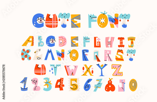 Cutout alphabet font in retro cartoon style. Playful magazine collage lettering with uneven shapes, bold characters and handmade look, childish and doodle typeface for posters, kids projects