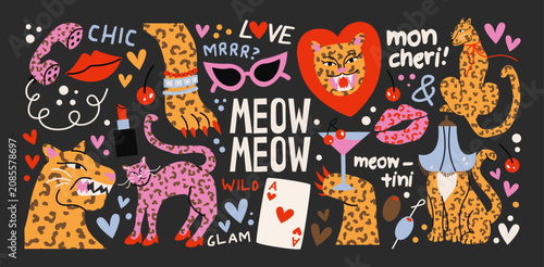 Photography Fashion leopard cat characters stickers with wild felines, glam accessories, hea