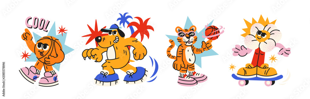 Obraz premium Street style mascot characters stickers with skateboarding lion, basketball tiger, urban animal athletes and cool graffiti inspired sports icons, playful streetwear culture and vintage rap style