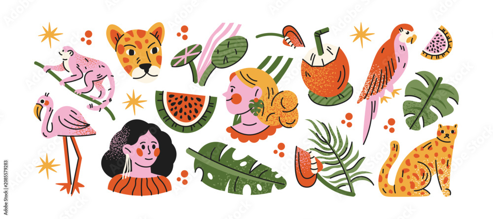 Obraz premium Tropical boho stickers in cartoon style with women, leopard, snake, botanical leaves and ceramic vase. Exotic jungle nature elements, botanical decor, wildlife, tropical plants and floral doodles