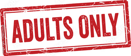 Red rubber stamp with white background showing the text adults only in bold capital letters