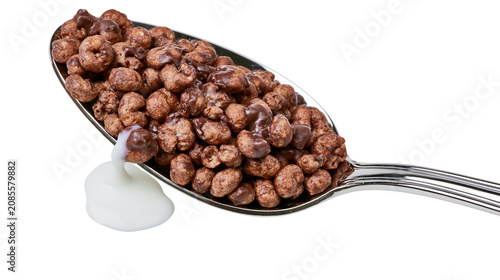 Photos Spoonful of chocolate cereal with milk splash