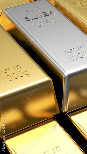 Close-up of stacked gold and silver bullion bars with engraved purity and weight markings as the camera glides over reflective precious metal surfaces in 3D render